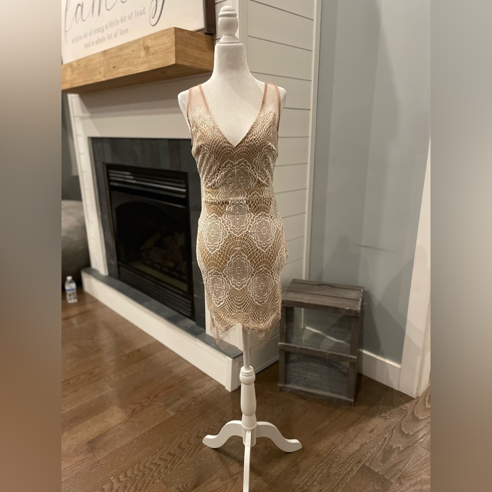Luxxel Beige Lace Mini Dress